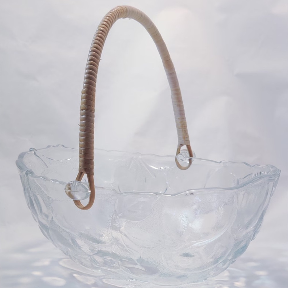 Libbey Orchard Fruit pattern Glass Basket with Wicker Handle